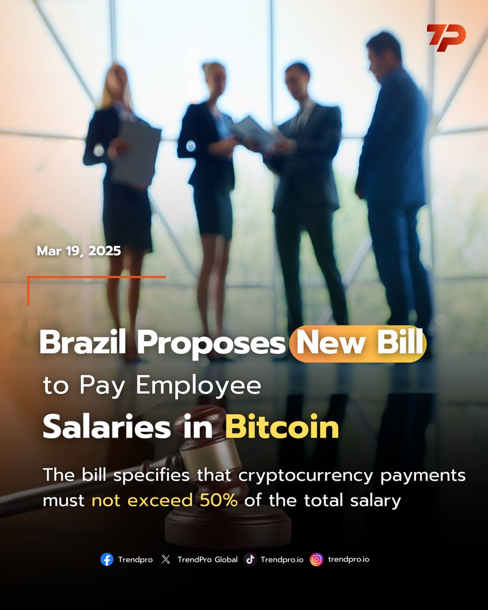 TrenproG29739's tweet photo. 🇧🇷Brazil Proposes New Bill to Pay Employee Salaries in Bitcoin😲
The bill specifies that cryptocurrency payments must not exceed 50% of the total salary.
Read more in the comment.
#Trendpro #TrendproGlobal #TradeWithTheBest #FinancialNews #Economicnews #Crypto #Bitcoin #Brazil https://t.co/tME2FZEdKU