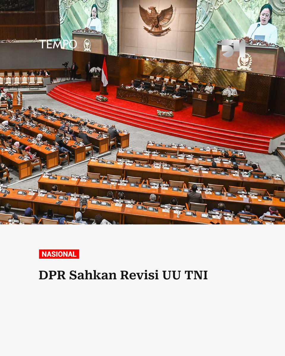 🚨Breaking News🚨

DPR RI resmi menetapkan revisi Undang-Undang (RUU) Nomor 34 Tahun 2004 tentang Tentara Nasional Indonesia (TNI) menjadi undang-undang. 

#tempodotco #tempo #RUU #TNI #DPR