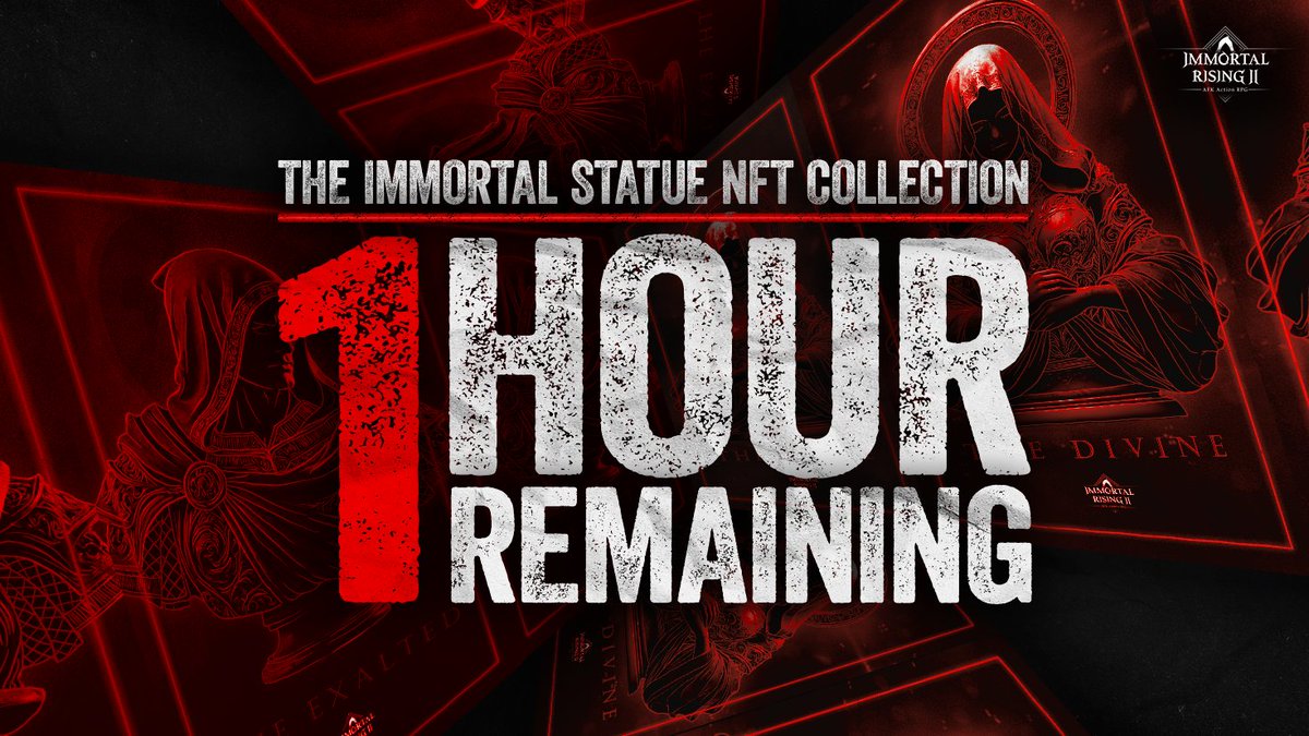 The Immortal Statue raffle sale is on the brink of closing.

⚔️ Less than an hour to go
⚔️ Raffle sale already oversubscribed
⚔️ Enter now for a last minute miracle: statuenft.immortalrising2.com/sale

The clock is in its final stretch. . . are you ready? ⏳