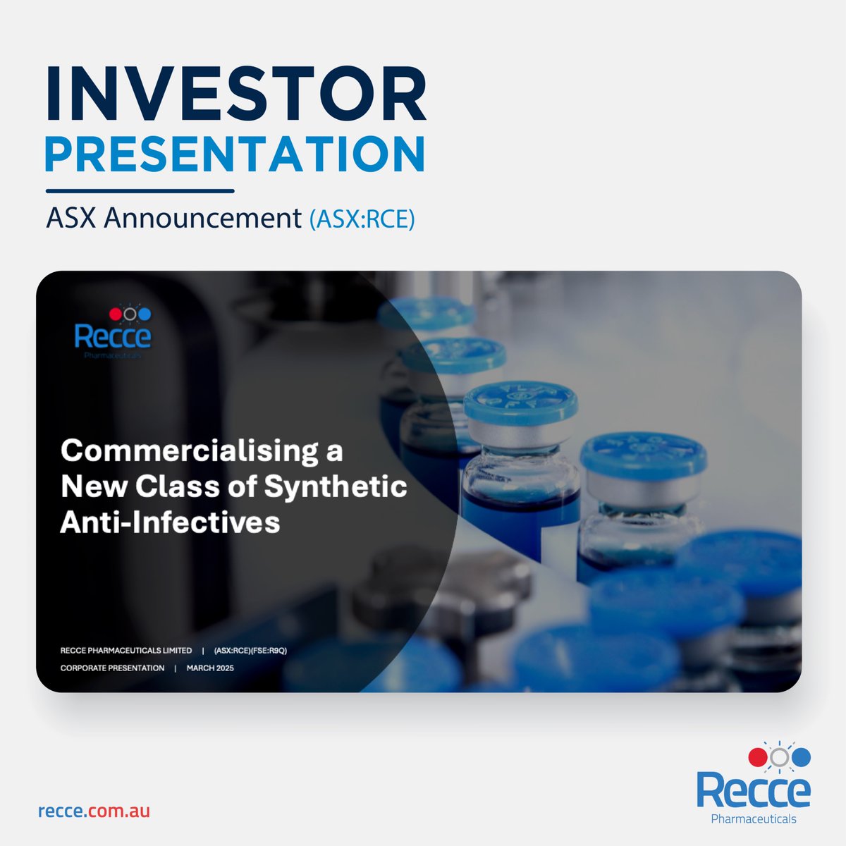 #ASXAnnouncement: Our latest investor presentation, "Commercialising a New Class of Synthetic Anti-Infectives," is now available! Learn more about the work that Recce's doing.

View the full presentation here: recce.com.au/company-announ…