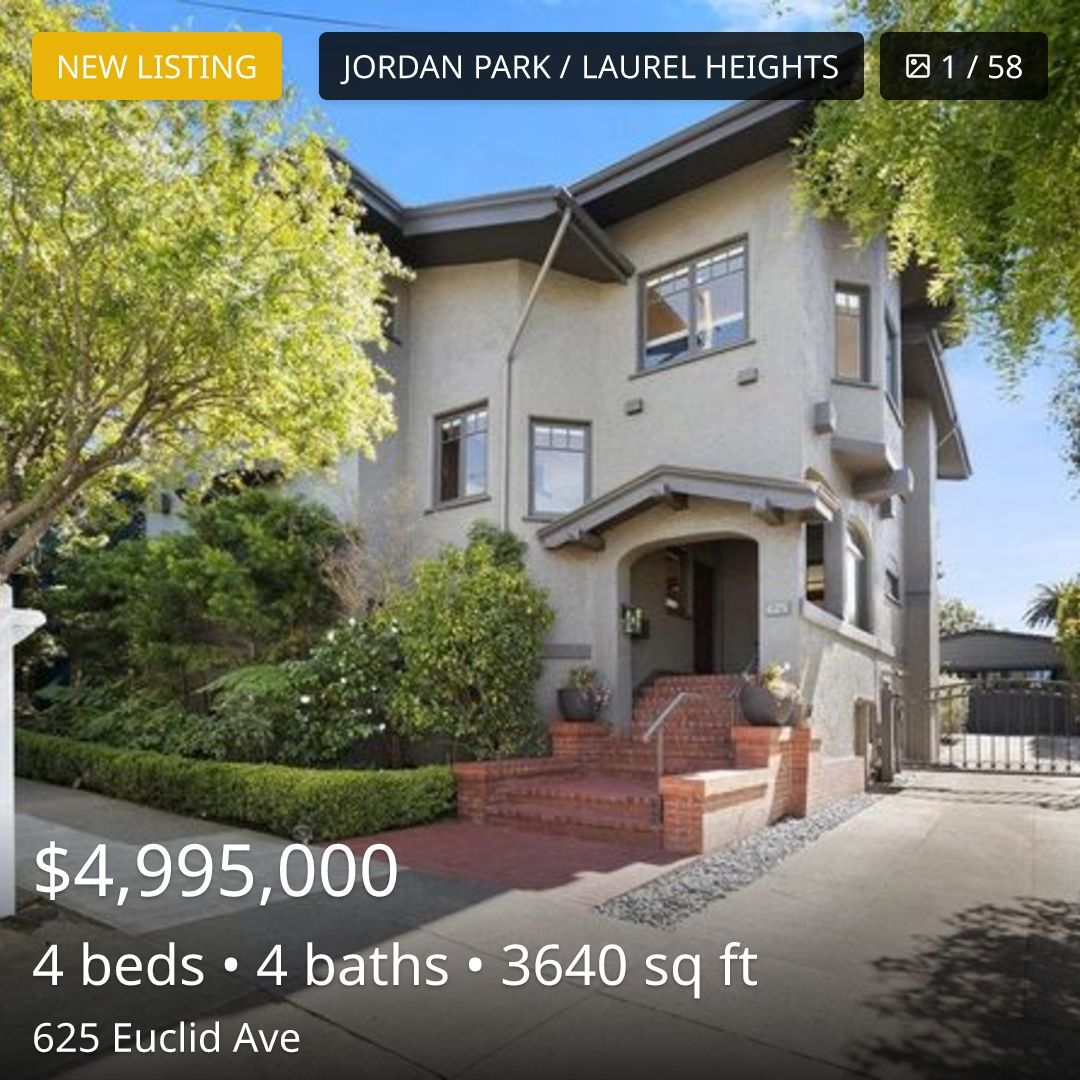 listing_feed's tweet photo. 🏠 New Listing in SF

625 Euclid Ave, San Francisco, CA 94118

$4,995,000 · 4 beds · 4 baths · 3,640 sqft

Jordan Park / Laurel Heights

View listing details: https://t.co/3NN879QRgF

SF listing activity: https://t.co/SrL1aVELsX

#JordanPark/LaurelHeights #for_sale #sf #sanfrancisco #sfhomes #sfre #bayarea