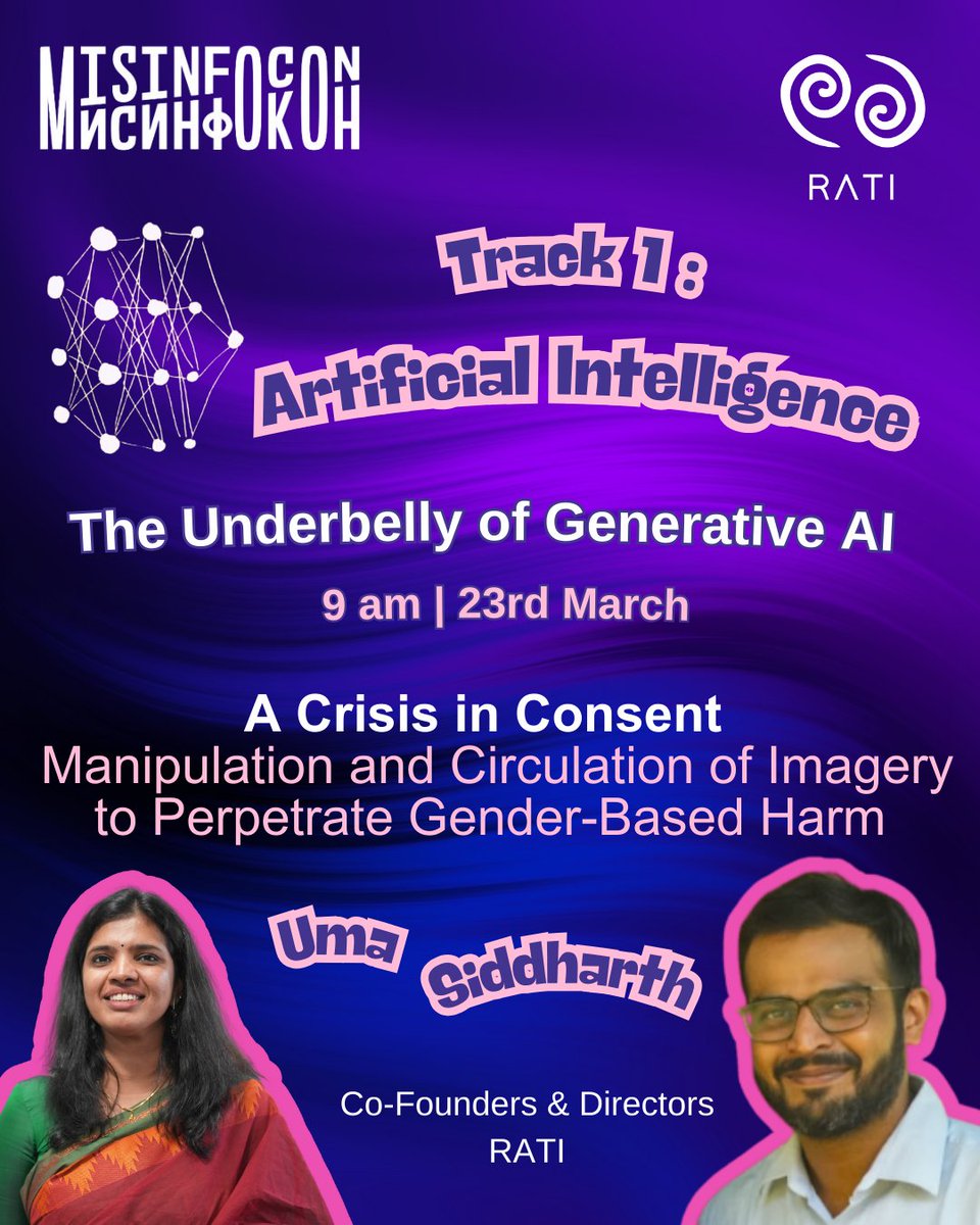 ratifoundation's tweet photo. Catch Uma & Siddharth from @ratifoundation
at #MisinfoCon 2025 as they talk about the dark side of deepfakes, cheapfakes, and AI-driven misinformation. From online manipulation to real-world harm, itโs time to confront how AI is being weaponizedโand what we can do to push back. https://t.co/oHTS5vqAvK