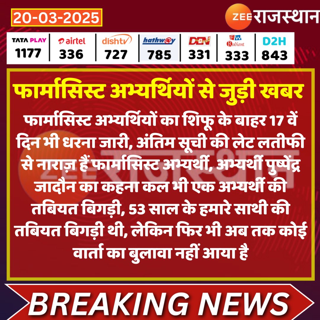#Jaipur फार्मासिस्ट अभ्यर्थियों से जुड़ी खबर 

शिफू के बाहर 17 वें दिन भी धरना जारी, अंतिम सूची की लेट लतीफी से नाराज़ हैं फार्मासिस्ट अभ्यर्थी, अभ्यर्थी पुष्पेंद्र जादौन का कहना कल भी एक अभ्यर्थी की तबियत बिगड़ी, 53 साल के हमारे साथी की तबियत बिगड़ी थी, लेकिन फिर भी अब तक कोई