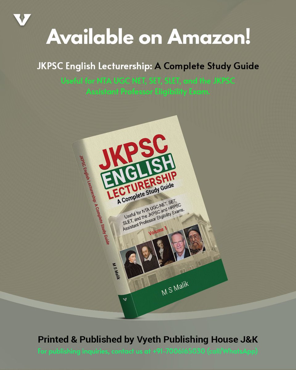 vyethpublishing's tweet photo. JKPSC English Lecturership – A Complete Study Guide by M S Malik is here! Covering literary topics, critical theories, and major text analyses, this essential guide is perfect for JKPSC, HPPSC, UGC-NET, SET, and SLET aspirants.
https://t.co/GMZDM8KYam https://t.co/5X9CgigWZL https://t.co/ALepBivLQk