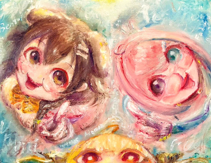 oilpainting あさココ裏社会講座講師&amp;げぼかわ英語講座教師元ネタの軽い説明ははリプに#桐生コ個展6 #できたてころね #ルーナート #みかじ絵 