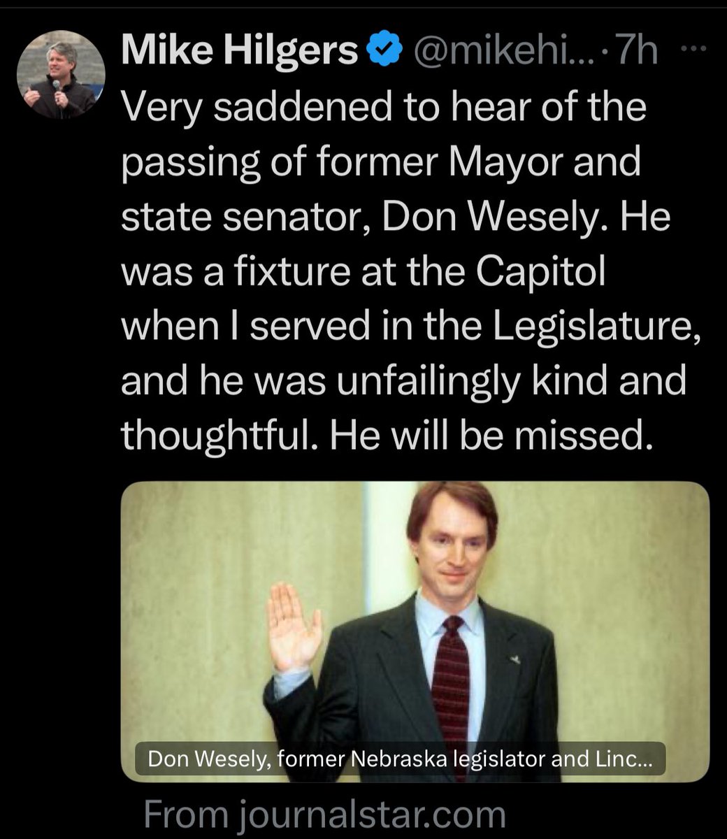 realDAbitty's tweet photo. The difference between Mike Hilgers and me, is that I  am truly sad to hear of the passing of my friend Don Wesely. 😥 https://t.co/VjYfg3u4iD