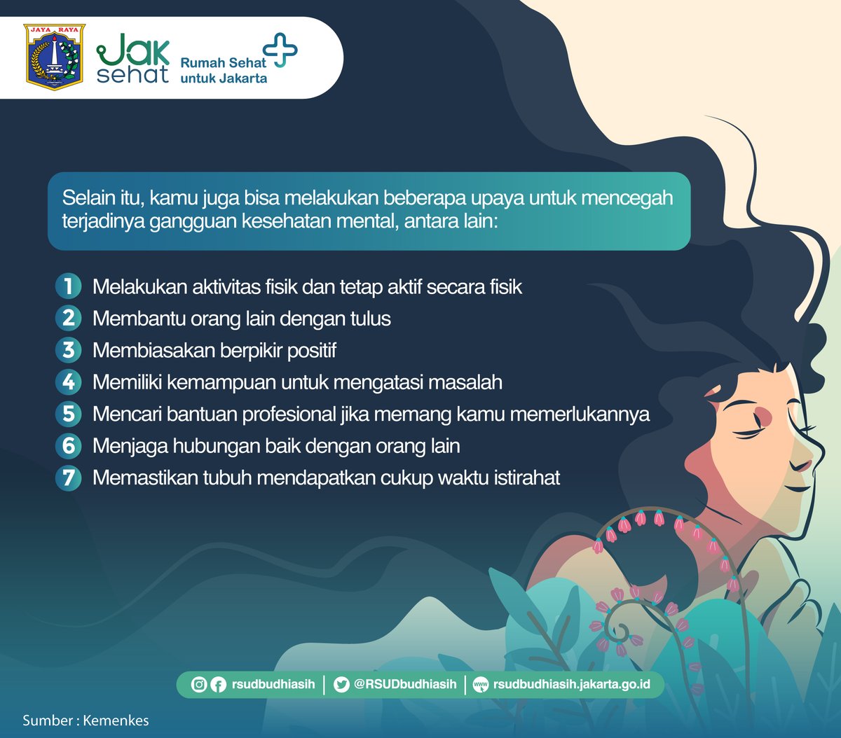 sahabat sehat, kalian bisa loh menjaga kesehatan mental dengan aktivitas fisik dan dapat mencegah terjadinya gangguan kesehatan mental.
yuk ikuti infografis di atas 👆🏻

#rsudbudhiasihmenyala #jakartamendunia #gangguankesehatan #cegahkesehatanmental #dinaskesehatan #dkijakarta