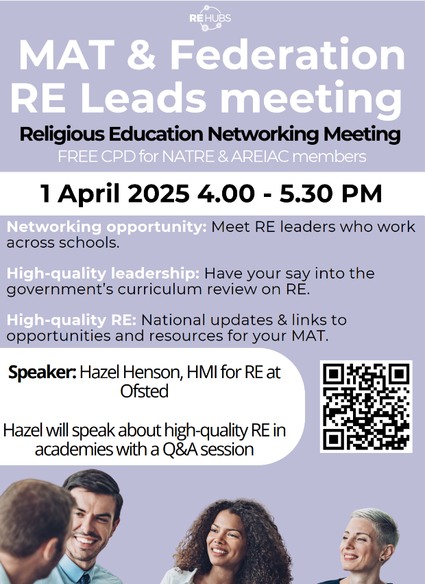 MAT &amp; Federation RE Leads

Our next network meeting is on the 1st April with Guest speaker HMI, Hazel Hanson

4pm-5.30pm

Sign up here or via the QR code:  tinyurl.com/53d94d8n @REcouncil <a href="/culhamstgabriel/">Culham St Gabriel’s</a> <a href="/NATREupdate/">NATRE</a> #TeamRE #REteacher