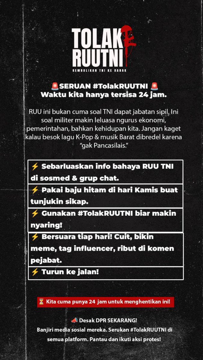 TamagoPost's tweet image. [‼️]

Izin ambil alih sejenak, temen-temen. Mari kita naikkan tagar, kalau memang bukan universenya, bisa pakai brackets dan kami juga lebih menyarankan temen-temen menggunakan CA/PA untuk menyuarakan hal satu ini, ya.

#TolakRUUTNI 
#IndonesiaGelap 
#TolakDwifungsiABRI