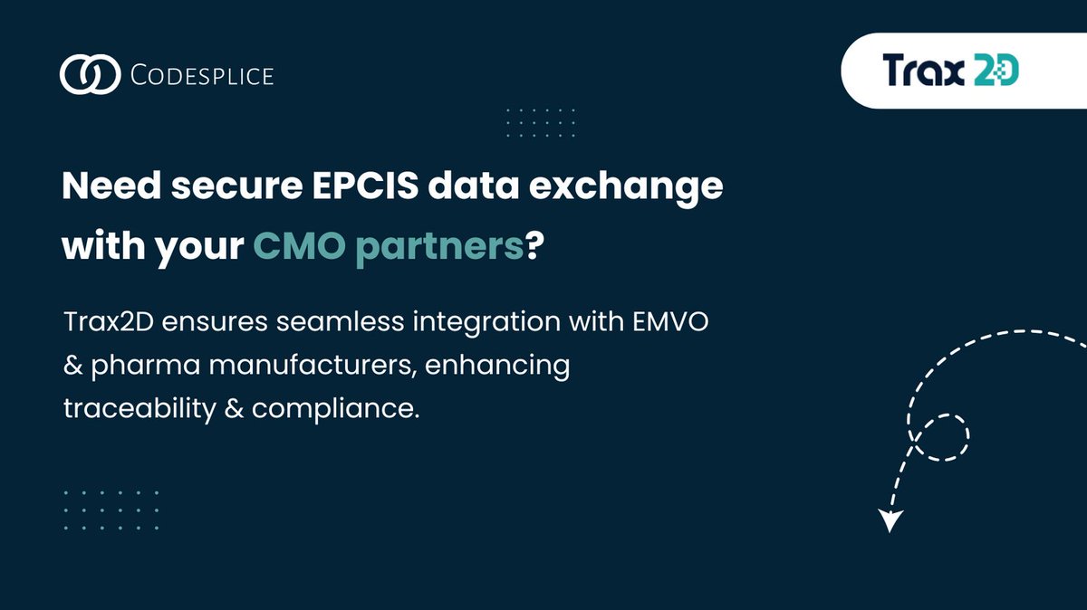 Codesplice Ltd (@codespliceltd) on Twitter photo Need secure EPCIS data exchange with your CMO partners? π Trax2D ensures seamless integration with EMVO & pharma manufacturers, enhancing traceability & compliance.
codesplice.com/trax2d.html Need secure EPCIS data exchange with your CMO partners? π Trax2D ensures seamless integration with EMVO & pharma manufacturers, enhancing traceability & compliance.
codesplice.com/trax2d.html