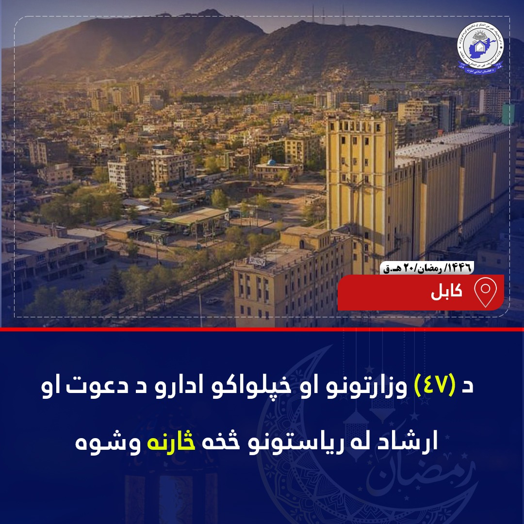 د امربالمعروف وزارت د دعوت او ارشاد لوی ریاست د تعلیمي نصاب تدریس، د قانون پلي کېدو او د چارو ارزونې په موخه د (۴۷) وزارتونو او خپلواکو ادارو د دعوت او ارشاد له ریاستونو څخه څارنه وکړه.
د څارنې پر مهال اړوندو رئیس صاحبانو د نصاب تدريس او قانون پلي کولو کې د هر راز هڅې ډاډ ورکړ.