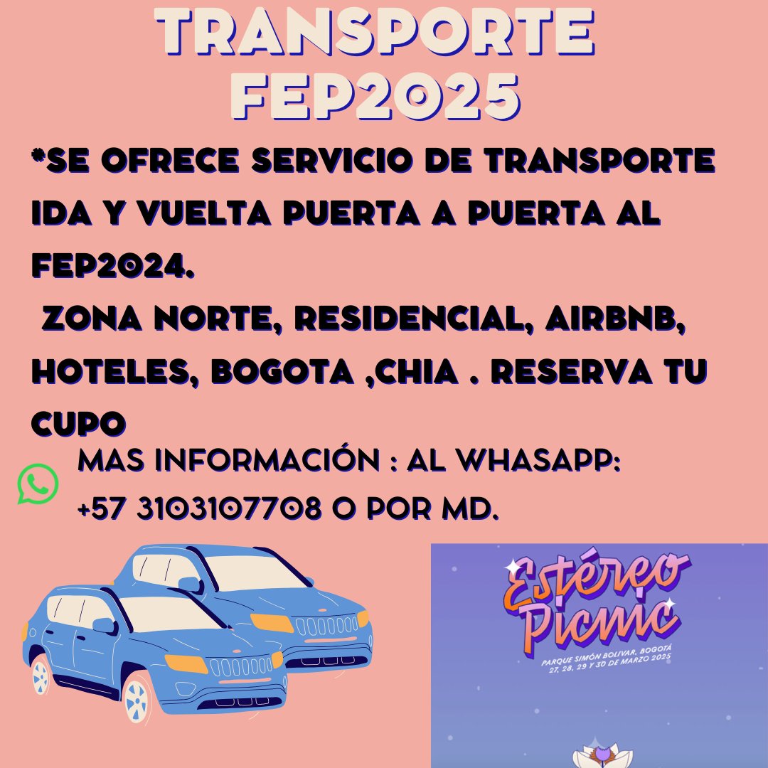 raufel10's tweet photo. @Festereopicnic_ SE OFRECE TRANSPORTE PUERTA A PUERTA PARA EL FEP2025 , IDA Y RECOGIDA O SOLO RECOGIDA, BOGOTA , CHIA , GALAN, HOTELES , AIRBNB , MAS INFO POR MD O AL WHASAPP 3103107708! https://t.co/KNFapvdf3x