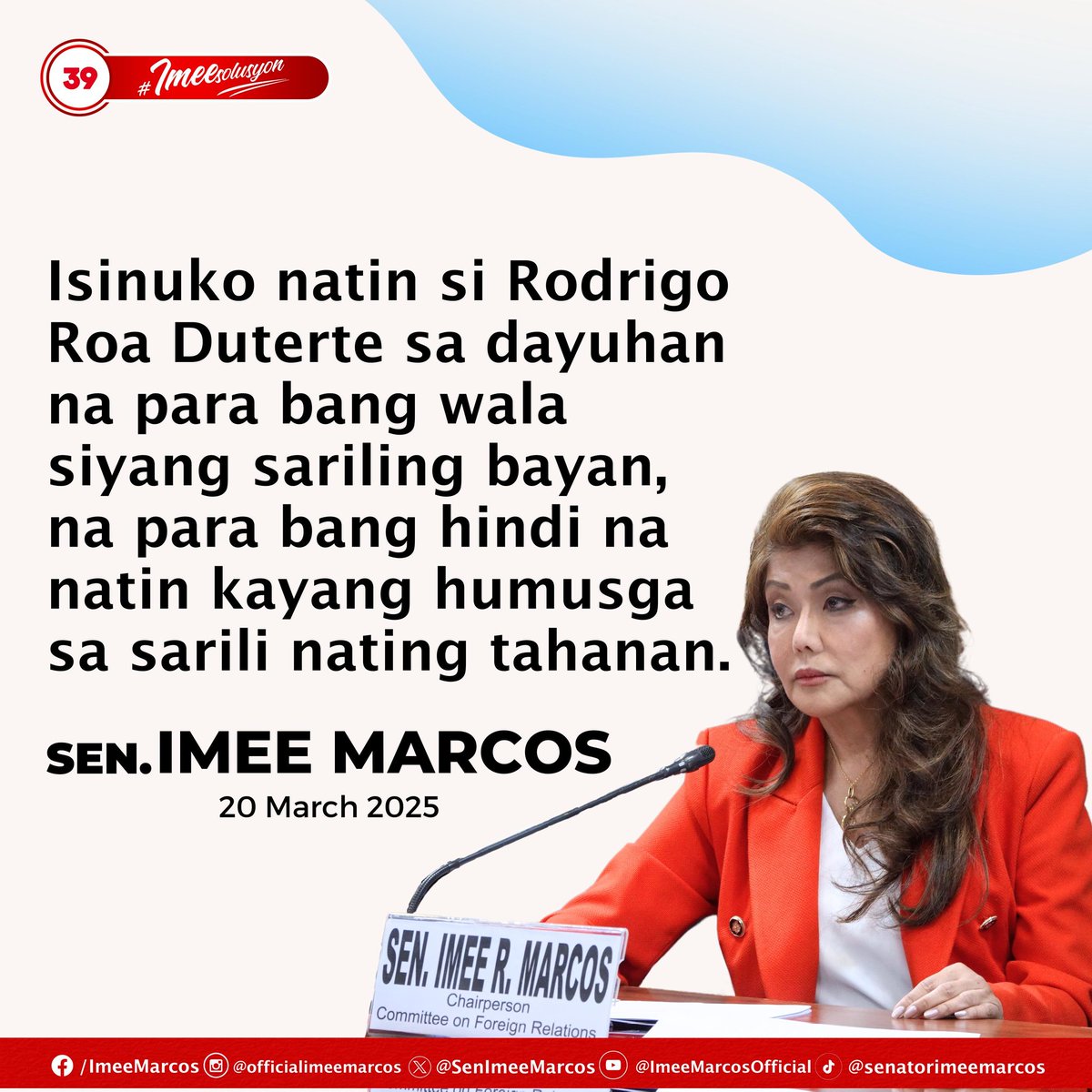 Bakit natin isinuko ang isang kapwa Pilipino?

#IMEEsolusyon
#39IMEEMARCOS
#ImeeMarcos
#SenatorImee
#SenatorImeeMarcos
#SenImee
#SenImeeMarcos
#Imee