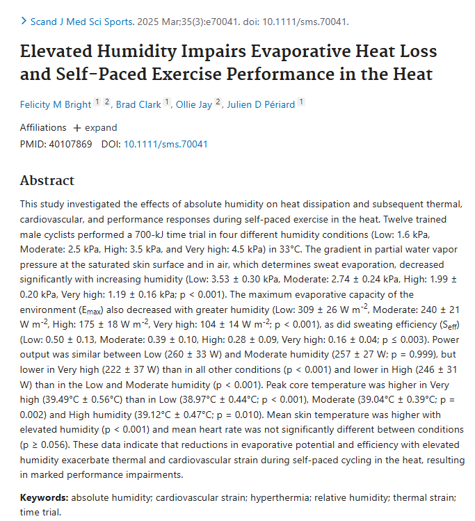 Jamie Stanley PhD (@jamiestanley85) on Twitter photo While not overly surprising, it's good to see some data published quantifying the effects of different humidity levels on endurance performance and physiological responses. pubmed.ncbi.nlm.nih.gov/40107869/
<a href="/DrJPeriard/">Julien Périard</a> While not overly surprising, it's good to see some data published quantifying the effects of different humidity levels on endurance performance and physiological responses. pubmed.ncbi.nlm.nih.gov/40107869/
<a href="/DrJPeriard/">Julien Périard</a>