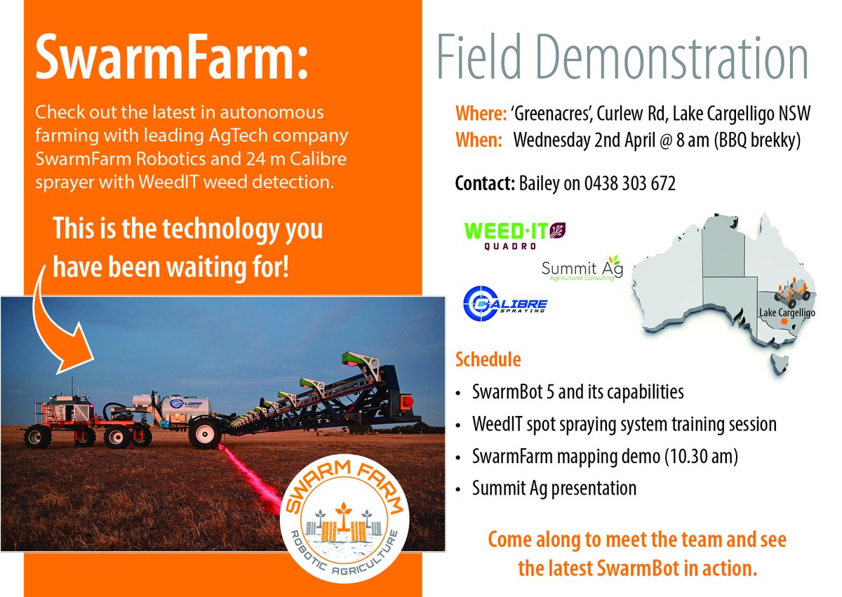 Get ready to revolutionise your farming experience and dive into the #FutureOfFarming!
Join us for an exhilarating field demonstration of the cutting-edge SwarmBot 5 coupled with a 24m Calibre boom with WEED-IT weed detection🚀
📍 Lake Cargelligo, NSW
📅 Wednesday, 2nd April

To