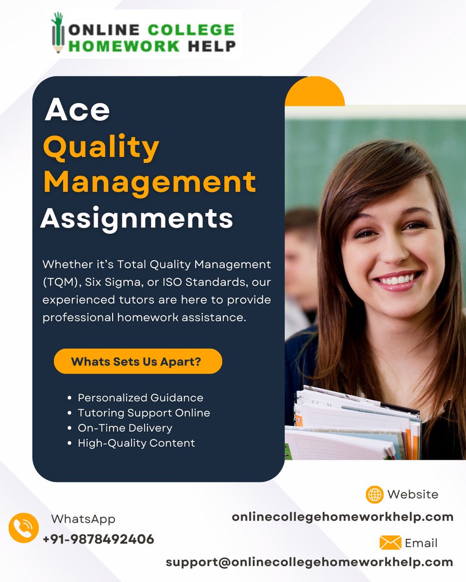 Onlinechwhelp's tweet image. 📊 Ace Your Quality Management Assignments with Expert Help!
✅+91-9878492406
📩support@onlinecollegehomeworkhelp.com
🌐onlinecollegehomeworkhelp.com/quality-manage…
#qualitymanagementsolutions #qualitymanagementassignmenthelp #qualitymanagementhomeworkhelp #qualitymanagementtutoringhelp