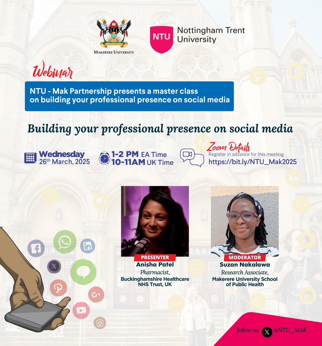 NTU_MAK's tweet image. Webinar Alert!
Building Your Professional Presence on Social Media.
🗓️ Wednesday, 26th March 2025
🕰️ 1:00 PM - 2:00 PM EAT
Meeting Link: bit.ly/NTU_Mak2025
Presenter:
Anisha Patel, Pharmacist at @BucksHealthcare.
Moderator:
@SuzieNakalawa, Research Associate at @MakSPH