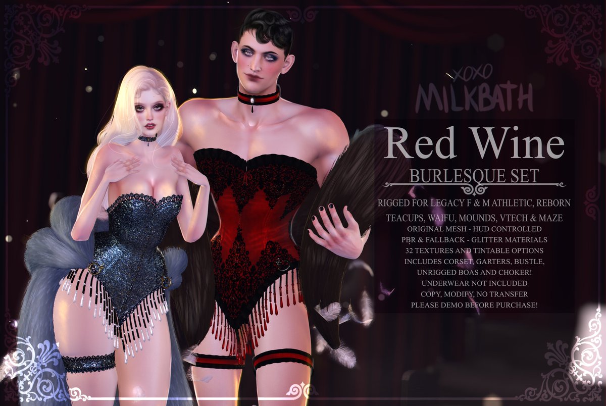 Red Wine Burlesque Set @ Engine room
PBR &amp; fallback, with glitter, latex, leather, and velvet tintable options!
Includes corset, garters, rigged bustle, unrigged choker and boas!
Event opens today!
maps.secondlife.com/secondlife/Syn…
