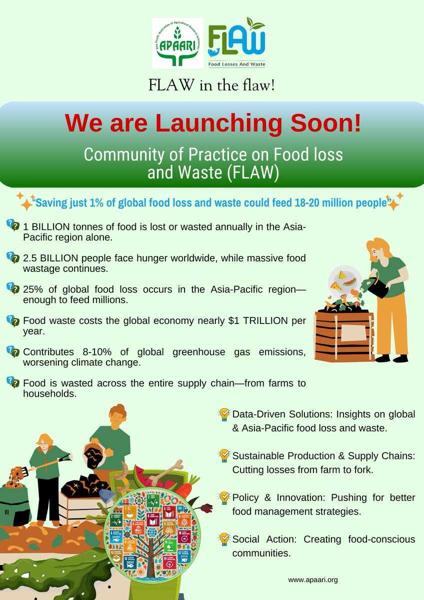 APAARI's tweet image. FLAW in the Flaw! 🚀
🌍 APAARI is launching the Community of Practice on Food Loss and Waste (FLAW) soon!
💡 Did you know?
 "Saving just 1% of global food loss and waste could feed 18-20 million people!"
Stay tuned for more details!
#APAARI #CoP #FLAW #FoodLoss #FoodWaste