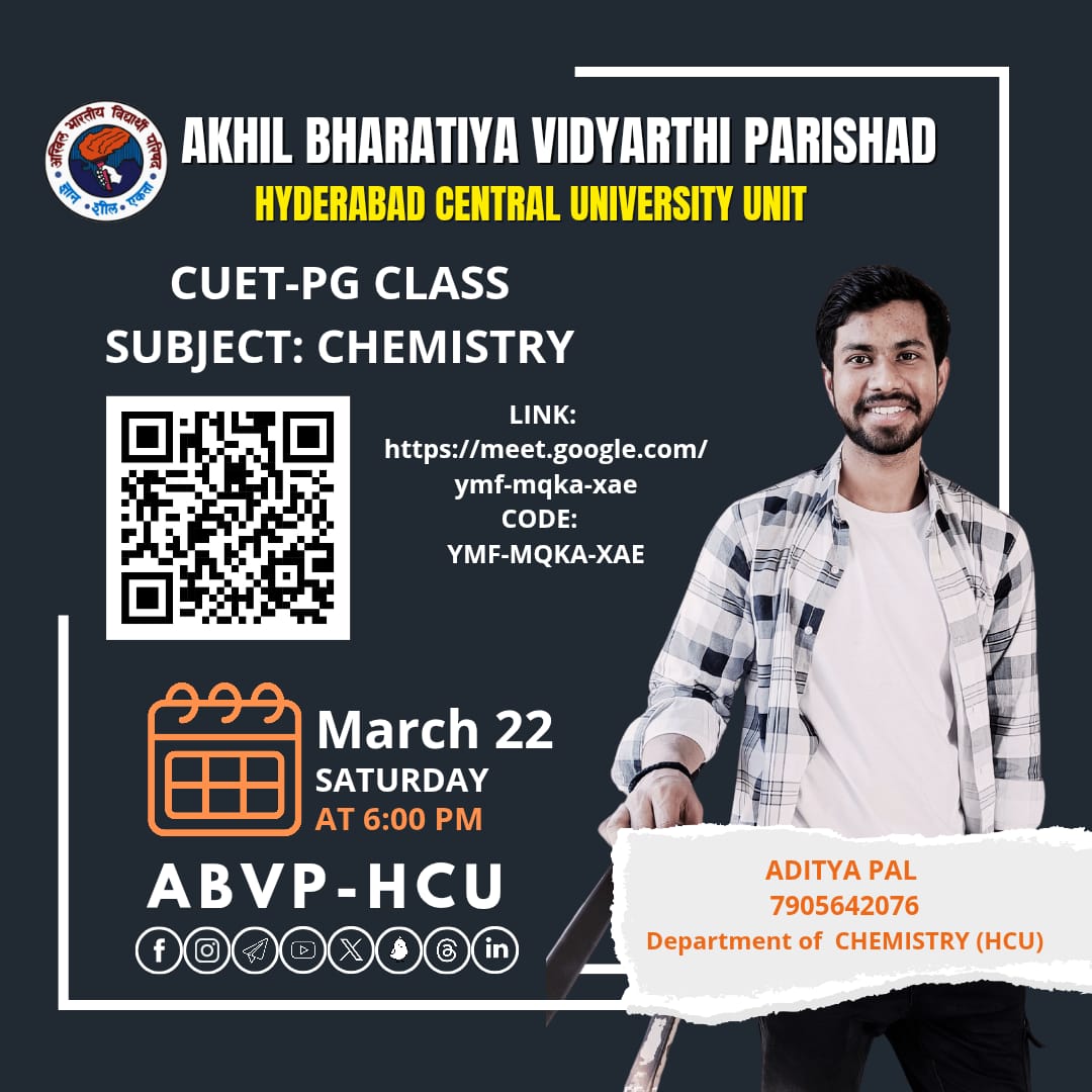 Namaste everyone, ABVP HCU has started orientation classes for CUET PG aspirants. Students' doubts can be addressed, and this will boost their preparation and planning for the upcoming days.

Date: 23/03/2025
Time: 6:00 PM to 7:00 PM
Meet link: meet.google.com/ymf-mqka-xae