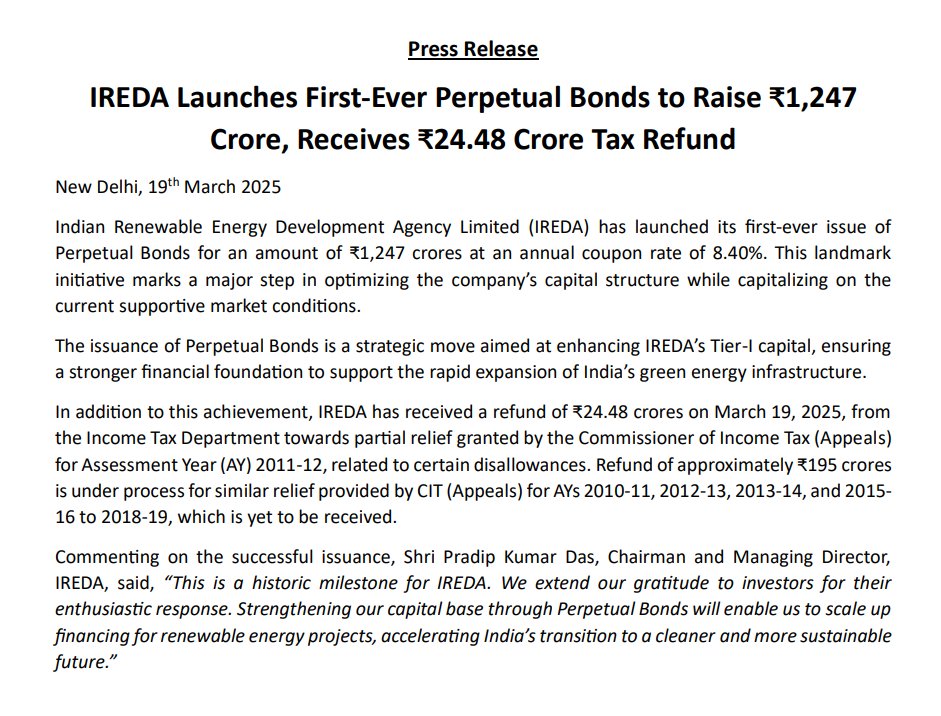 aoiventures's tweet image. 🚀 IREDA launches ₹1,247 Cr Perpetual Bonds
👉🏻 Bond Issuance: ₹1,247 Cr at 8.40% annual coupon
👉🏻 Purpose: Strengthening Tier-I capital for green energy expansion
👉🏻 #TaxRefund Received: ₹24.48 Cr from IT Dept (AY 2011-12)
👉🏻 Pending Refunds: ₹195 Cr for multiple…