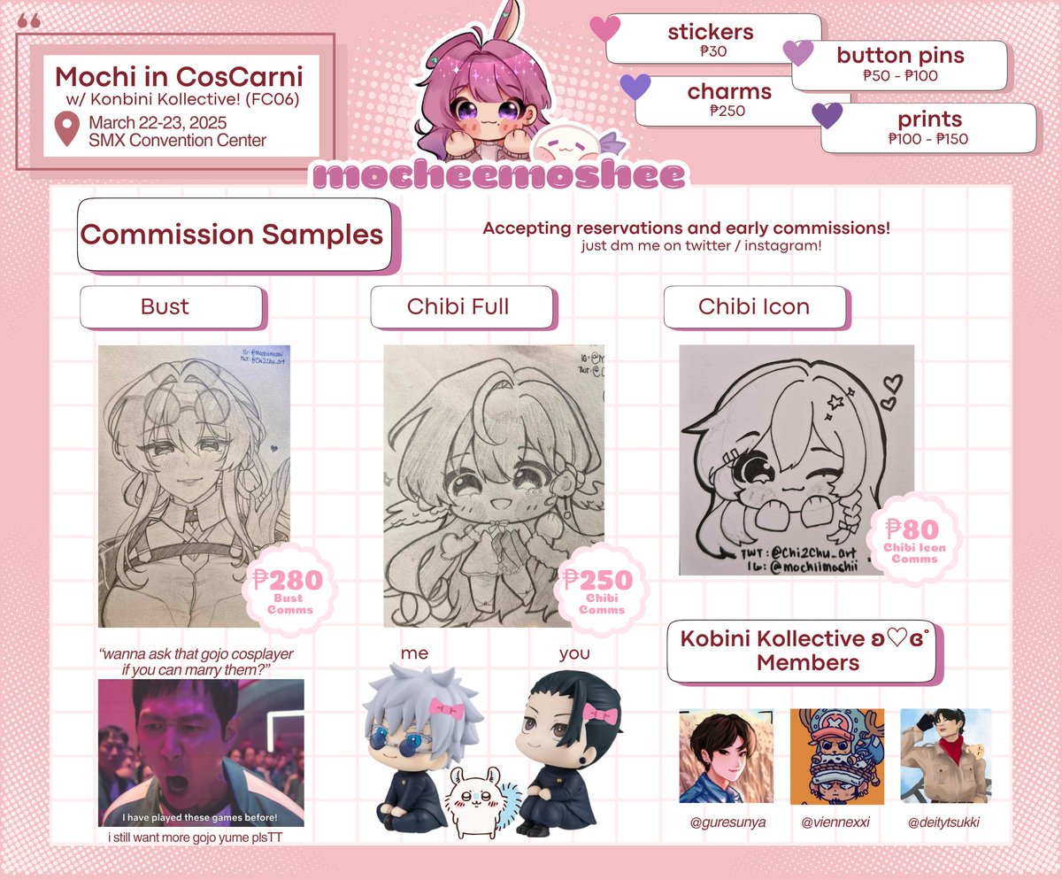 [RTs🩷]

hihi!! here's my catalog for #CosplayCarnival2025 i'll be there with <a href="/viennexxi/">viennexxi 💥 CosCarni FC06</a> <a href="/deitytsukki/">Dei @ cosmatsu FD05 ⤮ 🌸 | ✒️ 🍉_(:3 」∠)_</a> <a href="/guresunya/">Grace (巧) ★ Coscarni FC06</a>🫶
📅 March 22 - 23 
📍SMX Convention Center

╰┈➤jujutsu kaisen, proseka, alien stage, idols, vtubers, haikyuu!, i7, enstars, hdoll

#FanFairAtCosplayCarnival2025