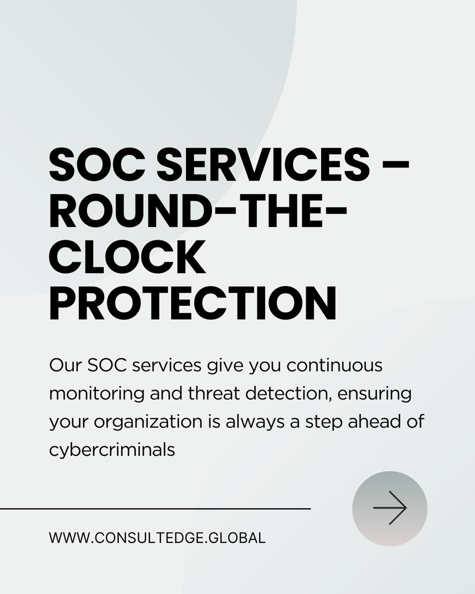 ConsultEdgeGlb's tweet photo. 🔐 24/7 Vigilance. Zero Compromise. 🔐
At https://t.co/2SdF2O5onU, provides top-tier SOC services
🌍 Global Reach, Local Expertise
💡 Real-Time Protection
⚙️ Zero Compromise
Let’s talk: Sales@ConsultEdge.Global
#CyberSecurity #SOC #GlobalSecurity #24/7Protection #ThreatDetection https://t.co/FD2DZLWkG0