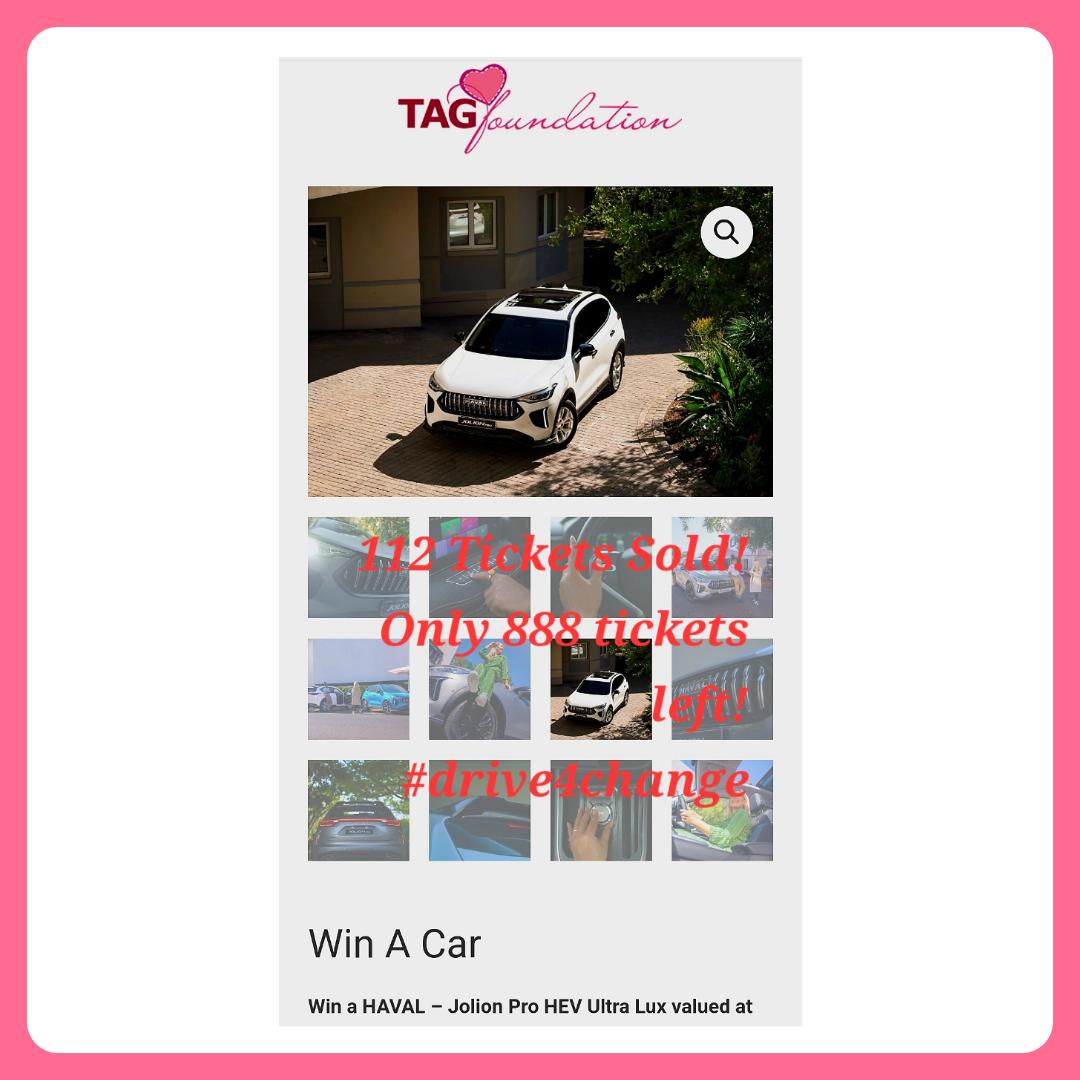FoundationTag's tweet photo. ❗️ONLY 1 WEEK IN - 112 TICKETS SOLD - WIN A CAR 2025 RAFFLE❗️GET IN IT TO WIN IT.
Such a great car &amp; prize for an awesome cause @FoundationTag 
Click here ⬇️888 tickets left⬇️
https://t.co/nudlAA4B6N
#drive4change💗 @honestjonny @GerberTraci @JamesGerberTri @senzmkhize18 https://t.co/zkB3YS9KEW