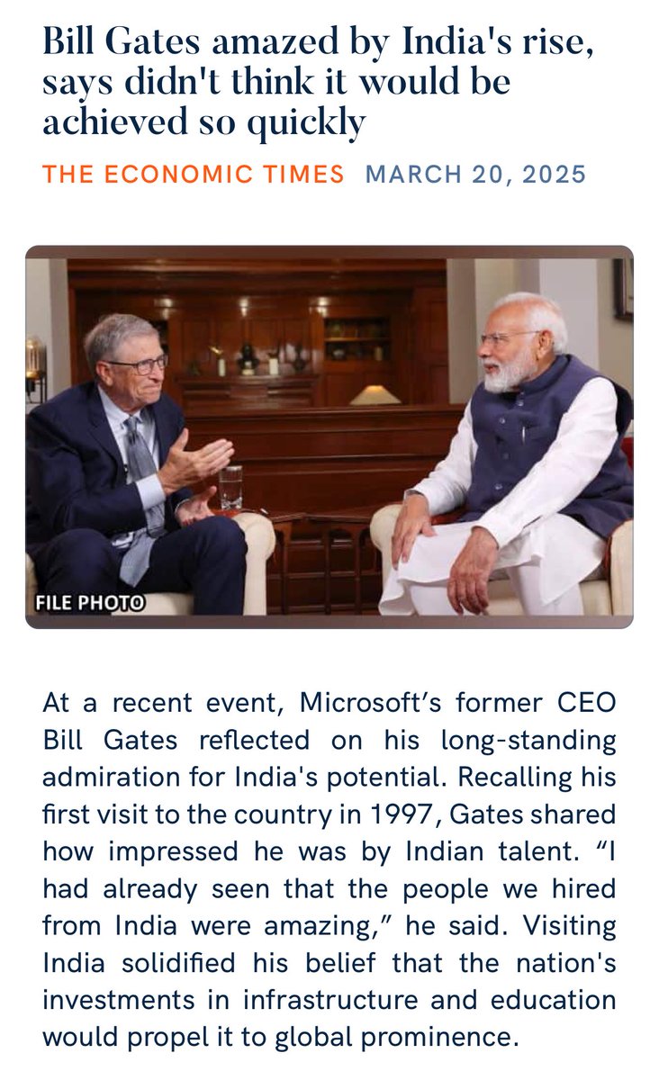 MeghnaBordikar's tweet photo. Bill Gates amazed by India's rise, says didn't think it would be achieved so quickly
 https://t.co/ECNQBkudhU https://t.co/eUHe0MhzYk
