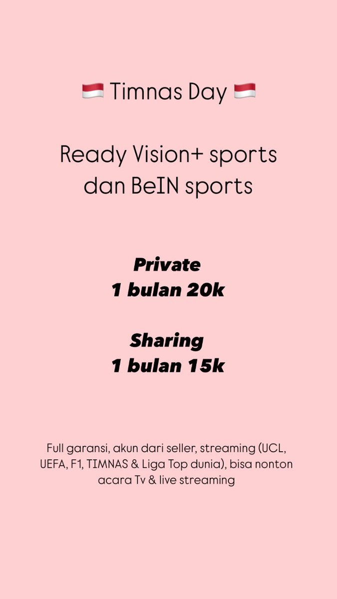 belilahbae_'s tweet photo. @viceverda 📺 READY (Vision+ Sports &amp; BeIN Sports) ⚽

🔒 PRIVATE
20k ➝ 1 Bulan

👥 SHARING 2U
15k➝ 1 Bulan

FULL GARANSI , STREAMING UCL, UEFA, F1, TIMNAS &amp; LIGA TOP DUNIA! , BISA NONTON ACARA TV &amp; LIVE STREAMING
🚀 ORDER NOW! 🚀 https://t.co/iTOYNnWKAB https://t.co/tHbGZKvXH9