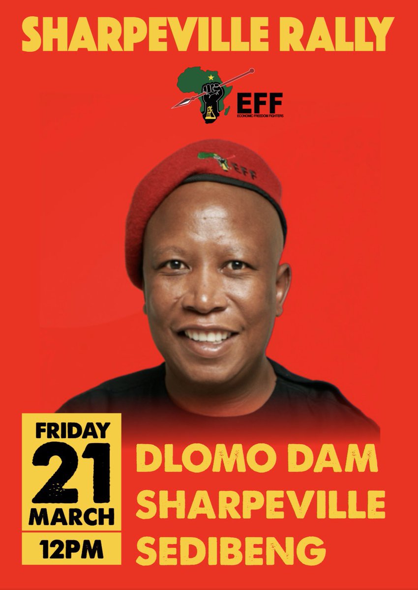 EFFSouthAfrica's tweet image. ♦️Do Not Miss It♦️

The EFF President and Commander In Chief, @Julius_S_Malema will address the  Sharpeville Rally on Friday, 21 March 2025, 12H00, at Dlomo dam, Sharpeville, Sedibeng. 

Tomorrow we will be at Dlomo Dam commemorating our people, who were brutally killed by the…