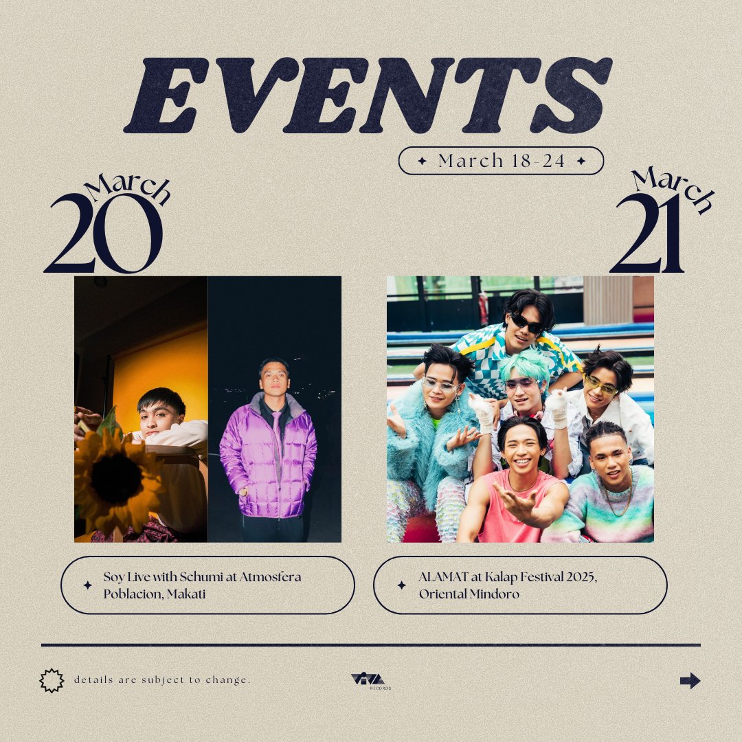 viva_records's tweet photo. Follow these artists for updates on their events this week!

#ALAMAT #earlagustin #soy #schumi #thejuans #amielsol #kylu #mattwilson #biancadenise #GAT #Raya https://t.co/x7BpN0MUsD