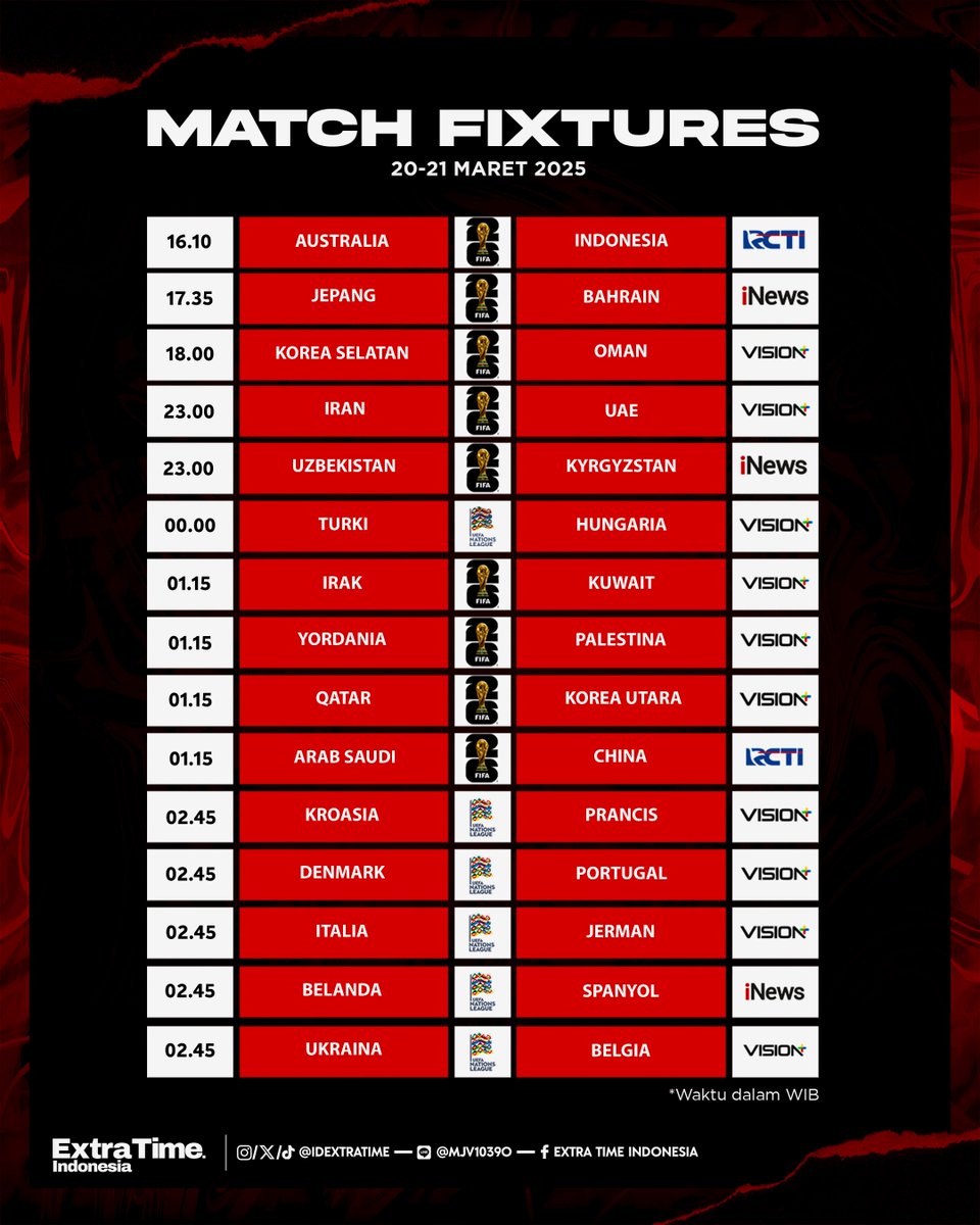 idextratime's tweet photo. #JadwalBolaET Malam Ini!

16.10 | Australia v Indonesia - RCTI, GTV
17.35 | Jepang v Bahrain - iNews
18.00 | Korea Selatan v Oman - Vision+
23.00 | Uzbekistan v Kyrgyzstan - iNews
01.15 | Arab Saudi v China - RCTI
02.45 | Kroasia v Prancis - Vision+
02.45 | Denmark v Portugal - Vision+
02.45 | Italia v Jerman - Vision+
02.45 | Belanda v Spanyol - iNews
07.45 | Brazil v Colombia - iNews

Timnas Day wib! 😍