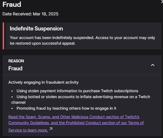 hey <a href="/Twitch/">Twitch</a> <a href="/TwitchSupport/">Twitch Support</a> can you guys explain why you banned my 67 year old mothers twitch account for fraud and then immediately rejected my appeal??? she just wants to watch her son stream how is this possible?