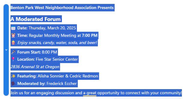 BPWNA Monthly Meeting + 7th Ward Candidate Forum

📅 TONIGHT 7PM at Five Star Center (2832 Arsenal)
✨ Featuring: Alisha Sonnier &amp; Cedric Redmon
🗣️ Moderated by: Frederick Eccher

Join us for an engaging discussion and a great opportunity to connect with your community!