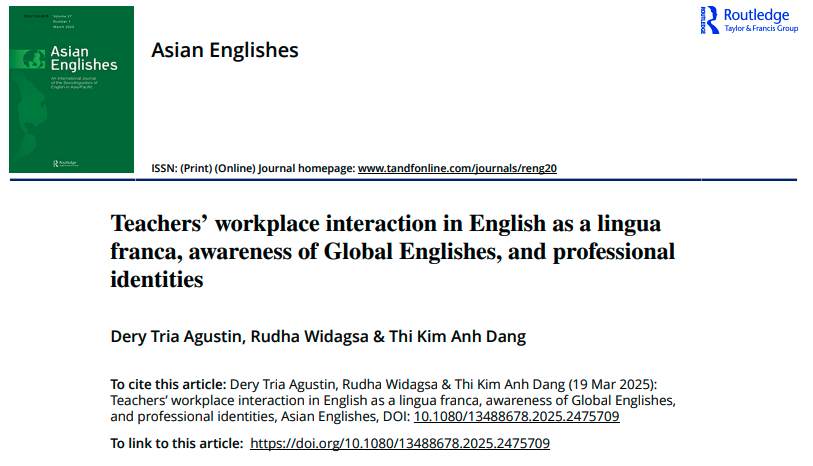 Great news! Our article on #Globalisation &amp; #TeacherEducation in #Indonesia has been published!  How teachers' workplace interactions in English as lingua franca shape their Global English awareness &amp; identity &amp; practice as #TESOL teachers? Free copies👇 tandfonline.com/eprint/QXTWUPY…