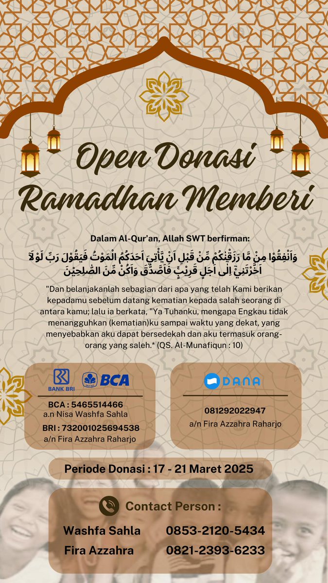 hellooo kakak-kakak semuaa, jadii aku sama teman”ku mau ngadain charity event (berbagi makanan di bulan puasa) buat tanggal 24 Maret inii🤩‼️

gaada nominal pasti kalau ingin berbagi, ga perlu nominal gede jugaa yg penting ikhlass. insya Allah bakal amanah guyss