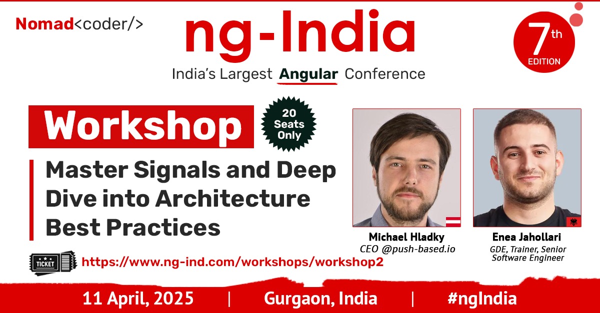 Looking to become an  #Angular architect? Attend workshop by <a href="/Michael_Hladky/">Michael Hladky</a>  and <a href="/Enea_Jahollari/">Enea Jahollari 🅰</a>  at #ngIndia titled:

"𝗠𝗮𝘀𝘁𝗲𝗿 𝗦𝗶𝗴𝗻𝗮𝗹 𝗮𝗻𝗱 𝗗𝗲𝗲𝗽 𝗗𝗶𝘃𝗲 𝗶𝗻𝘁𝗼 𝗔𝗿𝗰𝗵𝗶𝘁𝗲𝗰𝘁𝘂𝗿𝗲 𝗕𝗲𝘀𝘁 𝗣𝗿𝗮𝗰𝘁𝗶𝗰𝗲𝘀."

👉Details  - ng-ind.com/workshops/work…