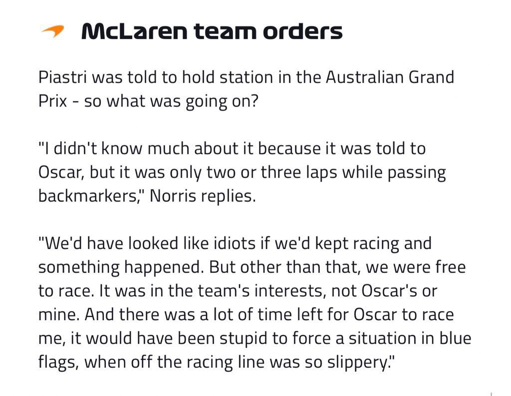 lando: “we’d have looked like idiots if we’d kept racing and something happened. but other than that, we were free to race. it was in the team’s interests, not oscar’s or mine.”