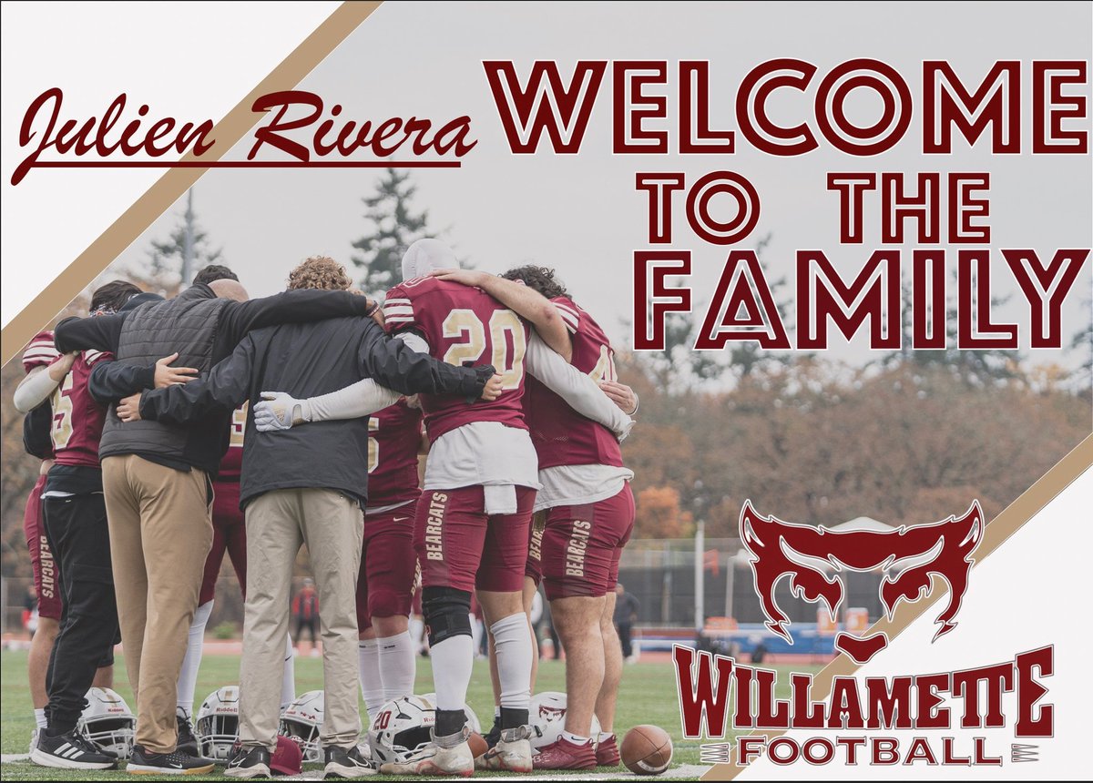 Julien Rivera (@julienrive20) on Twitter photo I am blessed to say that I will be committing to play ball at <a href="/WillametteFB/">Willamette Football</a> after a great conversation with coach <a href="/CoachPgonz/">Peter Gonzalez</a> and <a href="/AricWilliams3/">Coach Aric Williams</a> and my family and friends. Go Bearcats!!!
<a href="/GlendaleCollege/">Glendale Community College Football</a> <a href="/GLENDALE_GRIT/">VAQS_Coach_Farwell_OAVAAV</a> <a href="/JUCOFFrenzy/">JUCO Football Frenzy</a> I am blessed to say that I will be committing to play ball at <a href="/WillametteFB/">Willamette Football</a> after a great conversation with coach <a href="/CoachPgonz/">Peter Gonzalez</a> and <a href="/AricWilliams3/">Coach Aric Williams</a> and my family and friends. Go Bearcats!!!
<a href="/GlendaleCollege/">Glendale Community College Football</a> <a href="/GLENDALE_GRIT/">VAQS_Coach_Farwell_OAVAAV</a> <a href="/JUCOFFrenzy/">JUCO Football Frenzy</a>