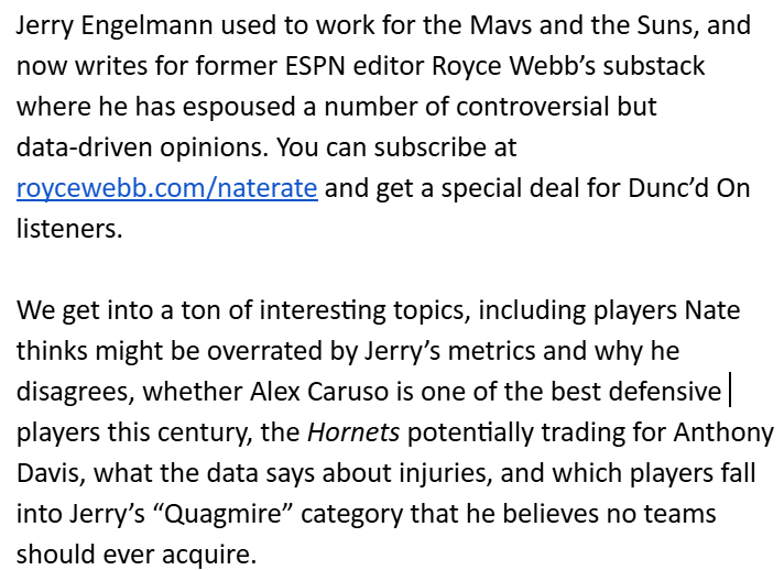Two awesome new pods out for Dunc'd On Prime members: One of the most interesting basketball writers, former Mavs and Suns front officer <a href="/JerryEngelmann/">Jeremias Engelmann</a>.  Plus, <a href="/johnhollinger/">John Hollinger</a> &amp; Duncan ranking the NBA coaches.  Join us! duncdon.supportingcast.fm