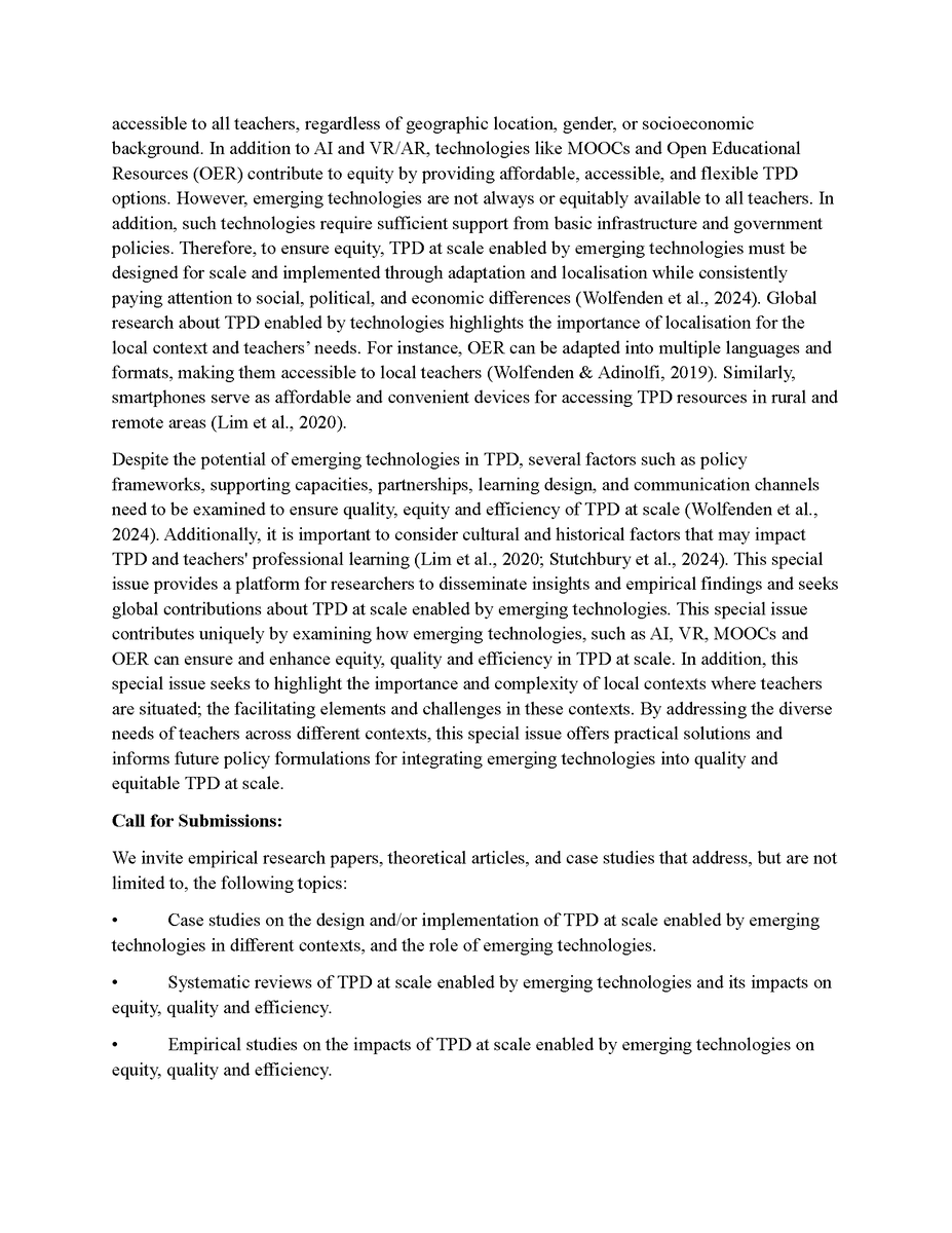 EcnuE's tweet photo. 【Call for Papers】Teacher Professional Development at Scale Enabled by Emerging Technologies
Guest Editors:
Cher Ping LIM, The Education University of Hong Kong, Hong Kong SAR, China;
Freda WOLFENDEN, The Open University, The United Kingdom;
Dante CASTILLO, The Laboratory for Research and Innovation in Education for Latin America and the Caribbean – SUMMA;
Victoria L. TINIO, The Foundation for Information Technology Education and Development (FIT-ED), Philippines;
Jiyou JIA, Peking University, China
Abstracts Submission Deadline: May 15th, 2025.
Read the full #CFP here: https://t.co/S7DVJ54CRk