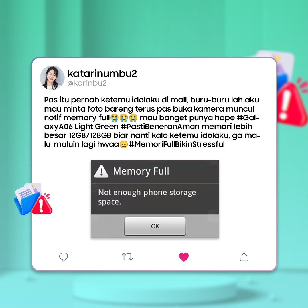 ADA 1 #GalaxyA06 Light Green yang #PastiBeneranAman untuk kamu yang punya pengalaman #MemoriFullBikinStressfull!

RT &amp; reply tweet ini dengan ceritamu, jangan lupa sertakan semua hashtags-nya ya!

Cek mekanisme lengkapnya pada gambar, kami tunggu sampai 31 Maret 2025!