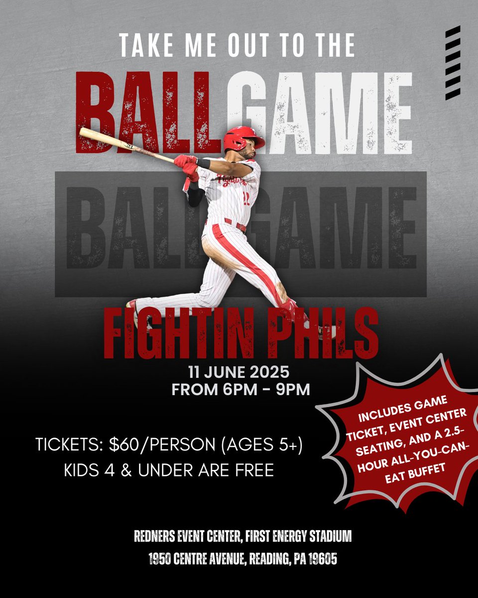 WACReading's tweet image. Join us for a night at Baseballtown! Watch the R-Phils take on the Fisher Cats from the brand-new Redners Event Center with an AYCE buffet! 📷📷 Don’t miss out—get your tickets now at wacreading.org