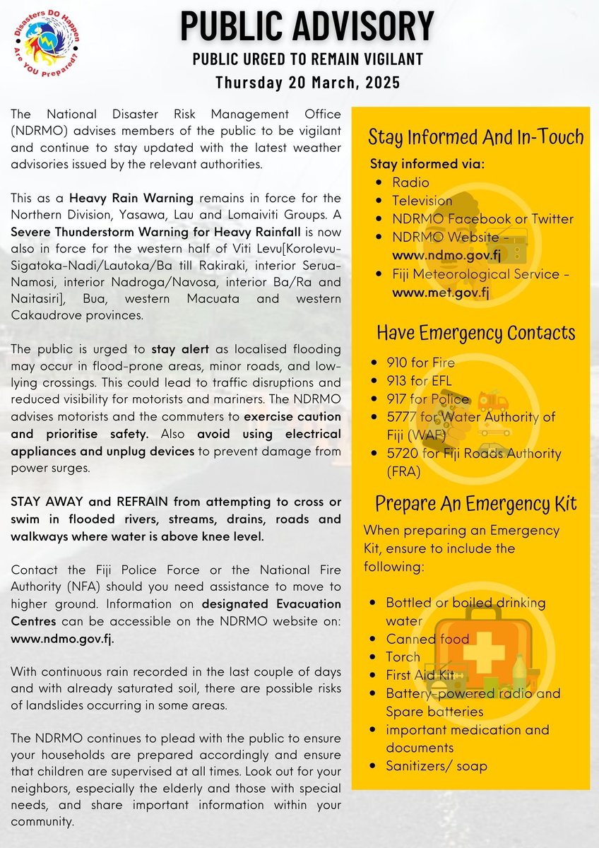 🚨PUBLIC ADVISORY📍

🚨Public urged to be vigilant

✅Stay updated with latest weather advisories issued by the relevant authorities 

⚠️Heavy Rain Warning in force for parts of Fiji

✅ Read more ⬇️