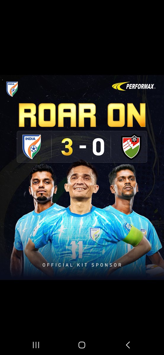 PerformaxIndia's tweet photo. Victory shines bright as the Blue Tigers roar!
With stellar headers from Rahul Bheke and Liston Colaco, and a classic finish by the legendary Sunil Chhetri, India secures a commanding 3-0 win over the Maldives. Onward to more triumphs!
#Performax #SweatItGetIt #IndianFootballTeam #BlueTigers #Victory