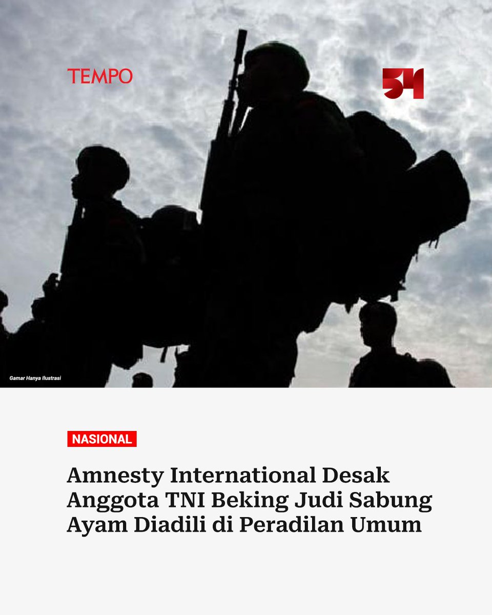 tempodotco's tweet image. Amnesty International Indonesia mendesak penegakan hukum terhadap anggota TNI Lampung menggunakan peradilan umum. Tujuannya untuk menghapus impunitas aparat militer yang melakukan pembunuhan di luar hukum.

#tempodotco #tempo #kasus #TNI #beking #judi #polisi