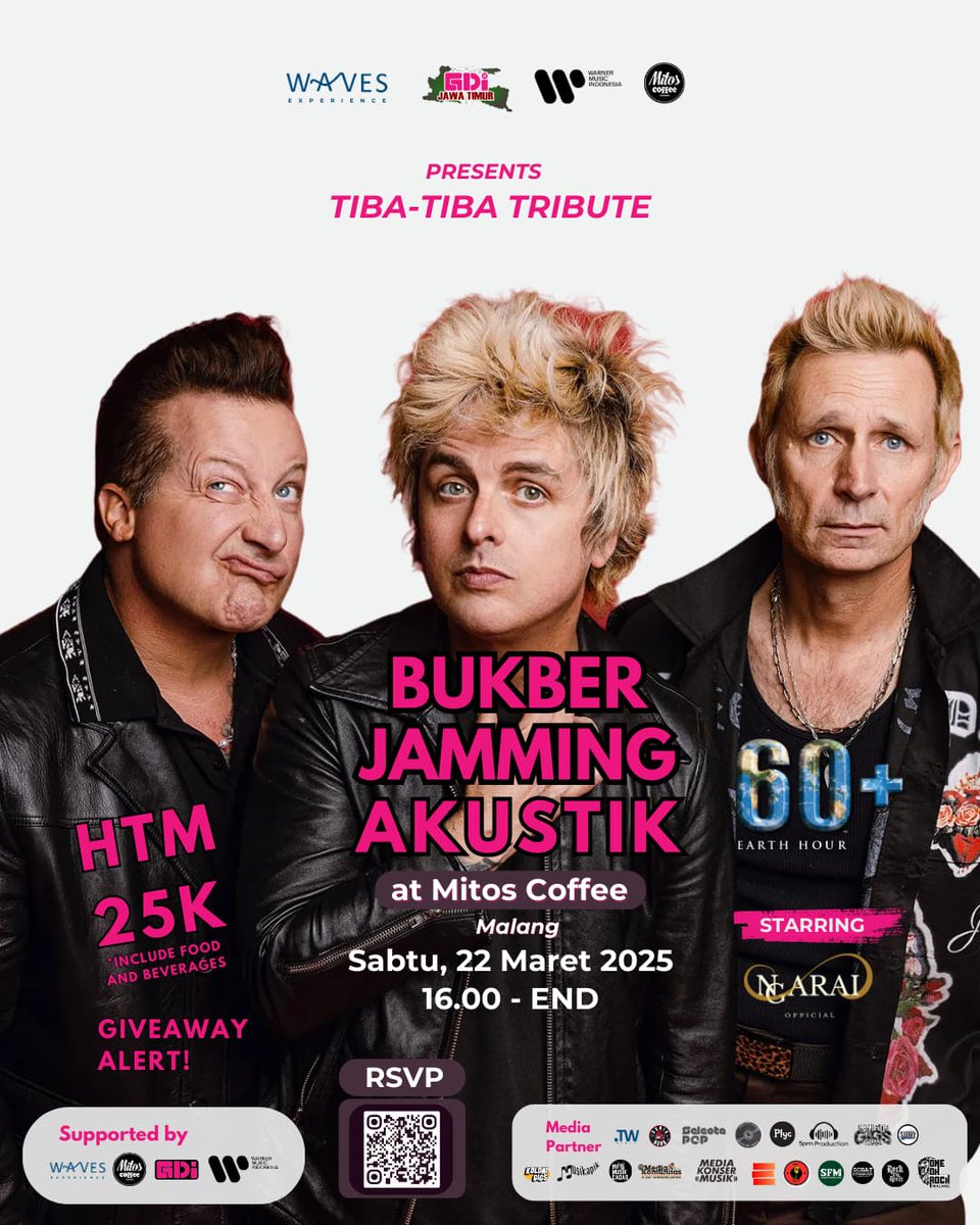 MALANG, JATIM!
Bukber Jamming Akustik

Sabtu, 22 Maret 2025
16:00 - 22:00 WIB
Mitos Coffee, Malang

HTM 25K include:
F&amp;B, Freebies, Giveaway (CD Green Day Saviors, etc)

RSVP: docs.google.com/forms/d/1ZgCYe…

CP: 085179822774 (Nanda)

#TibaTibaTribute #GreenDayIndonesia #GDI #GreenDay