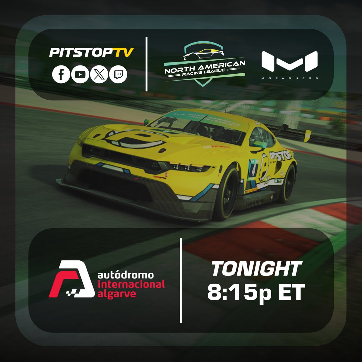 TONIGHT: NARL Round 2 is here - and so is Portugal. Our first showing at Portimao is sure to be exciting - don't miss it!

📍: Algarve International Circuit
⏰: 8:15p ET
📺: youtube.com/watch?v=1N8w4L…

#iRacing | #PitStopTV | #SimRacing | <a href="/wsimcams/">Whiplash Sim Cams</a>