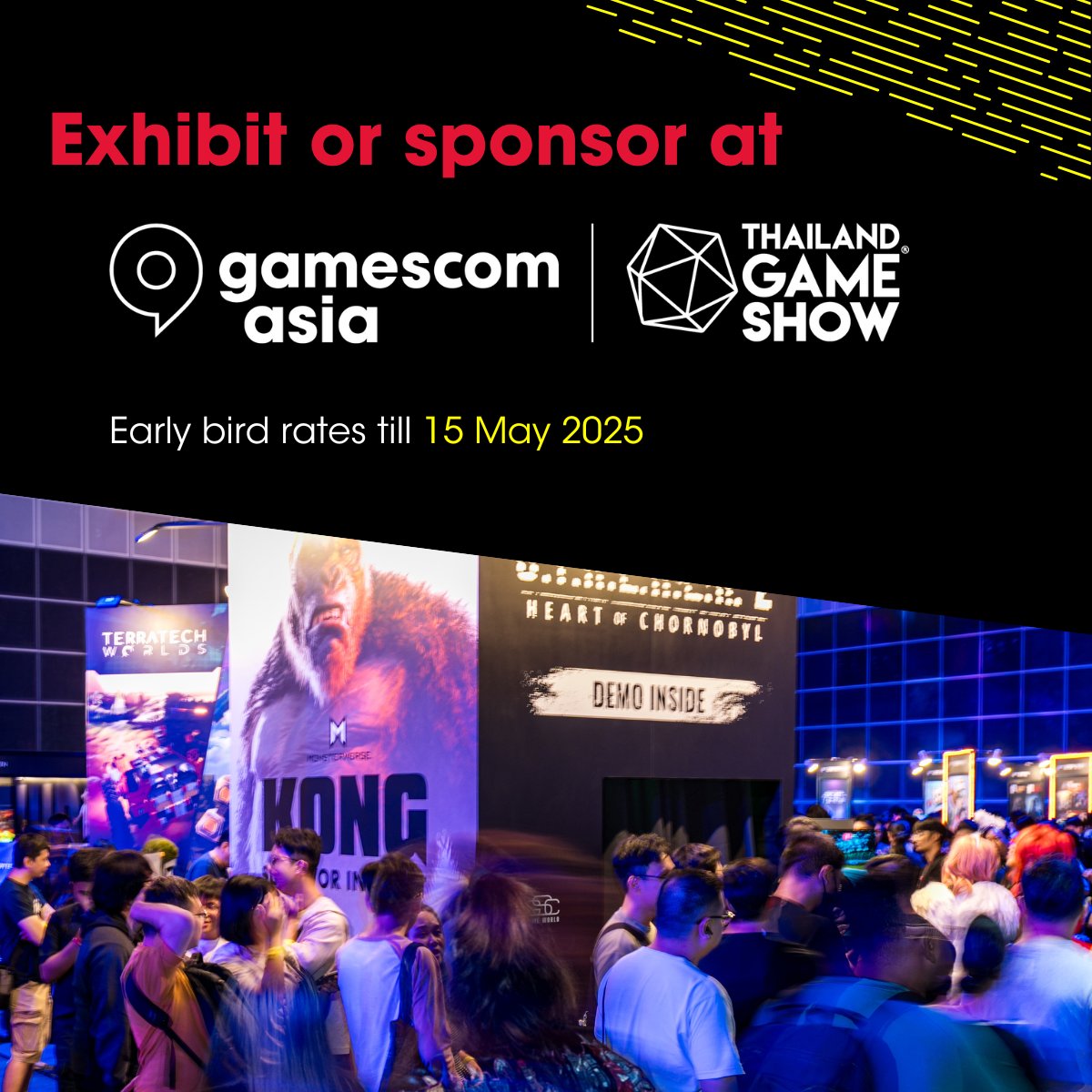 gamescomasia's tweet image. Ready to exhibit at gamescom asia x Thailand Game Show 2025?
Join us in Bangkok, Thailand at the Queen Sirikit National Convention Center from 16 to 19 October for one of the largest gaming events in Southeast Asia!
Secure your early bird rate now 👉 gamescom.asia/for-exhibitors…